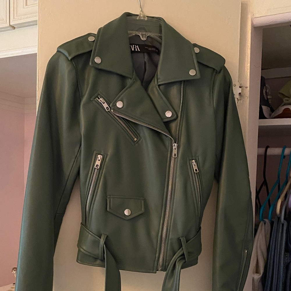 Zara Green Faux Leather Moto Jacket